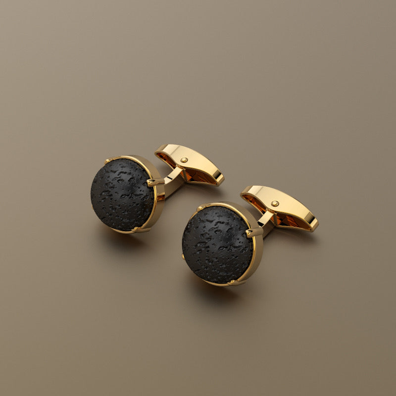 Gold 750 Black Natural Lava round stone cufflinks