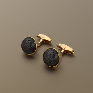 Gold 750 Black Natural Lava round stone cufflinks