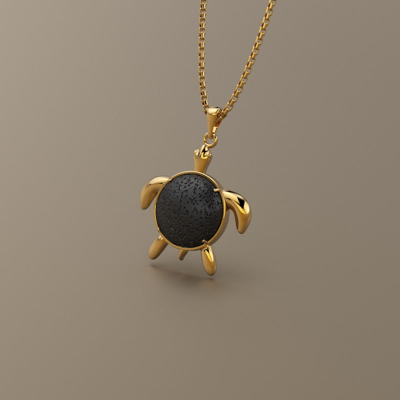 Gold 750 Black Natural Lava round stone sea turtle pendant