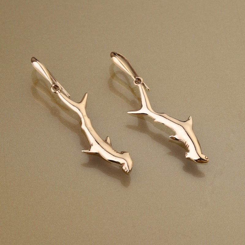 Gold 750 Hammerhead shark dangle earrings large