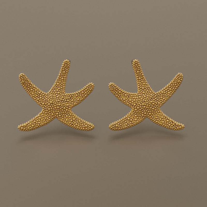 Gold 750 Sea star texture stud and dangle earrings large