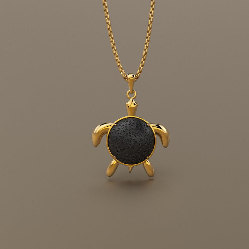 Gold 750 Black Natural Lava round stone sea turtle pendant
