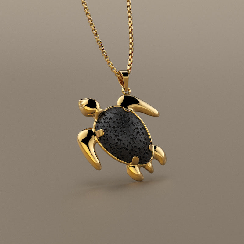 Gold 750 Black Natural Lava stone sea turtle pendant