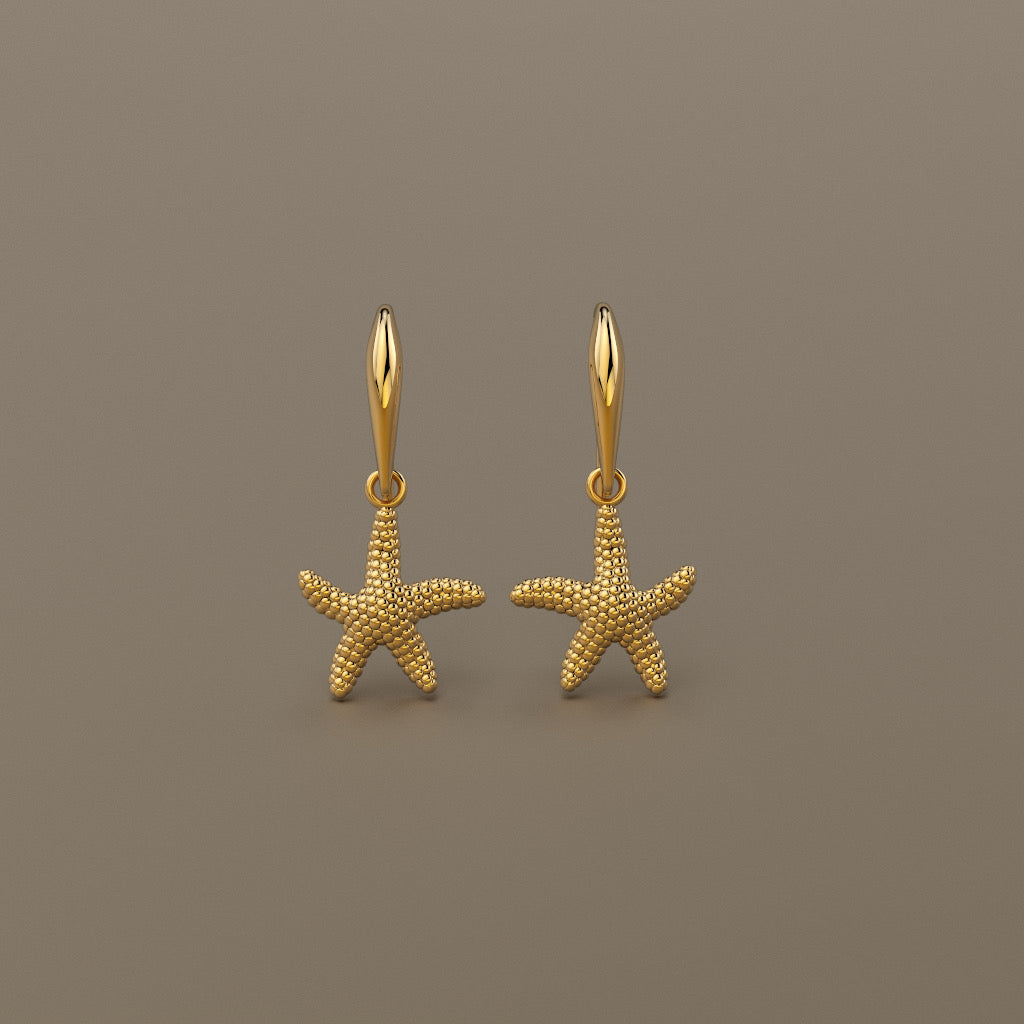 Gold 750 Sea star texture dangle earrings small
