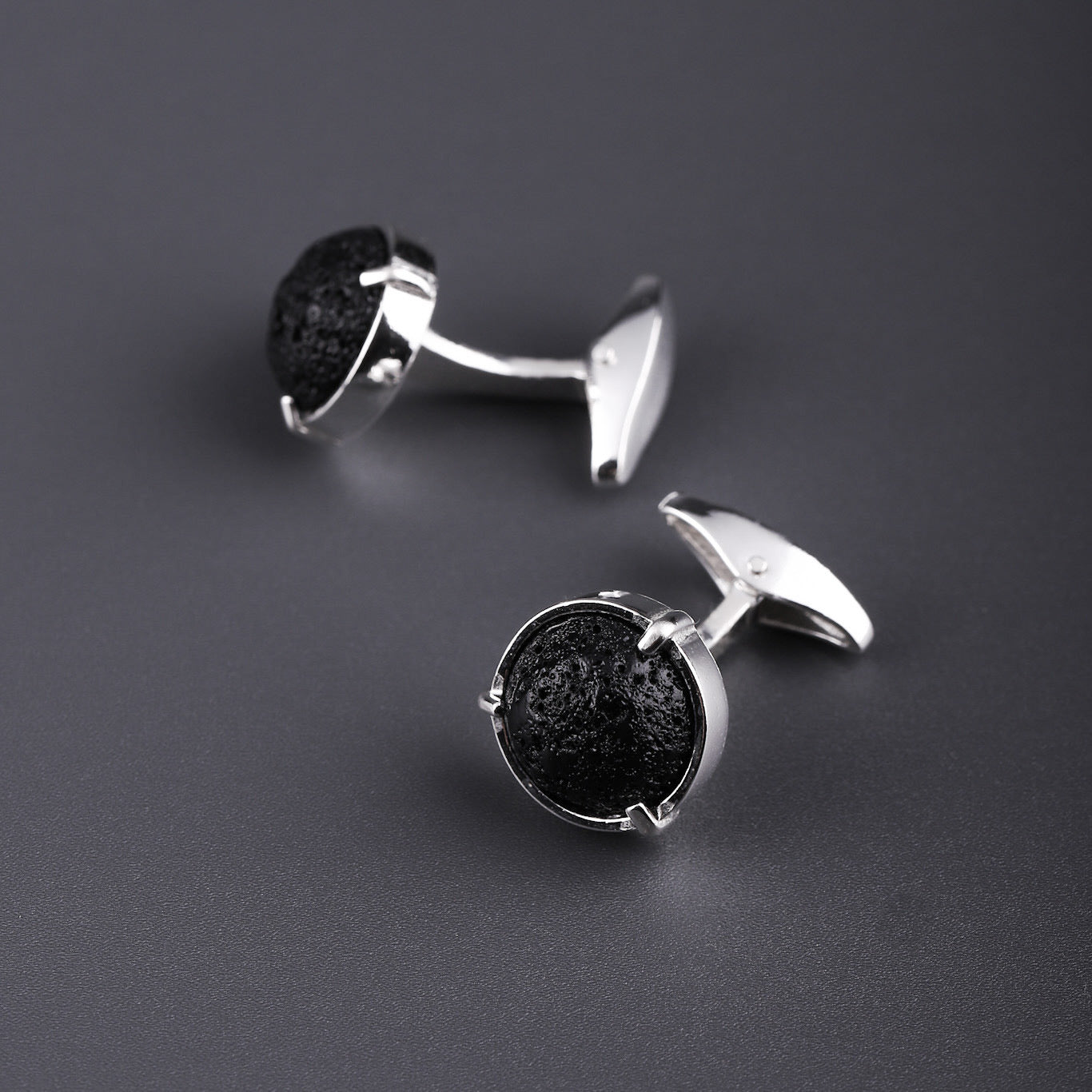 Black Natural Lava round stone and silver cufflinks