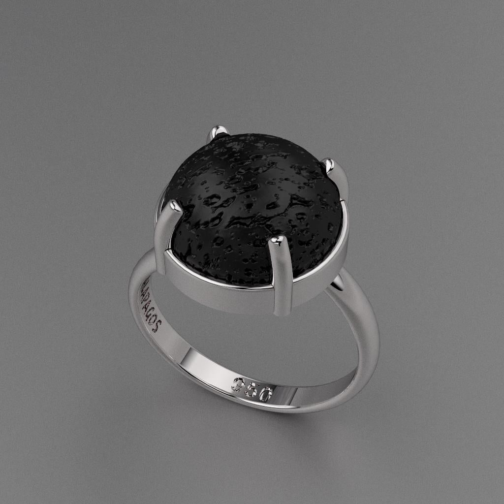 Black Natural Lava round stone and silver ring
